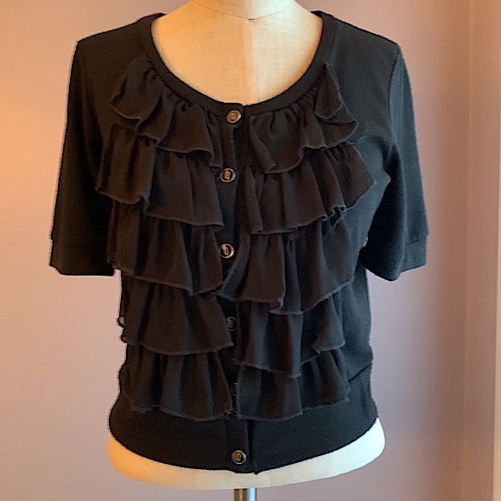 Charlotte Russe black short sleeve cropped cardigan with sheer ruffles on front